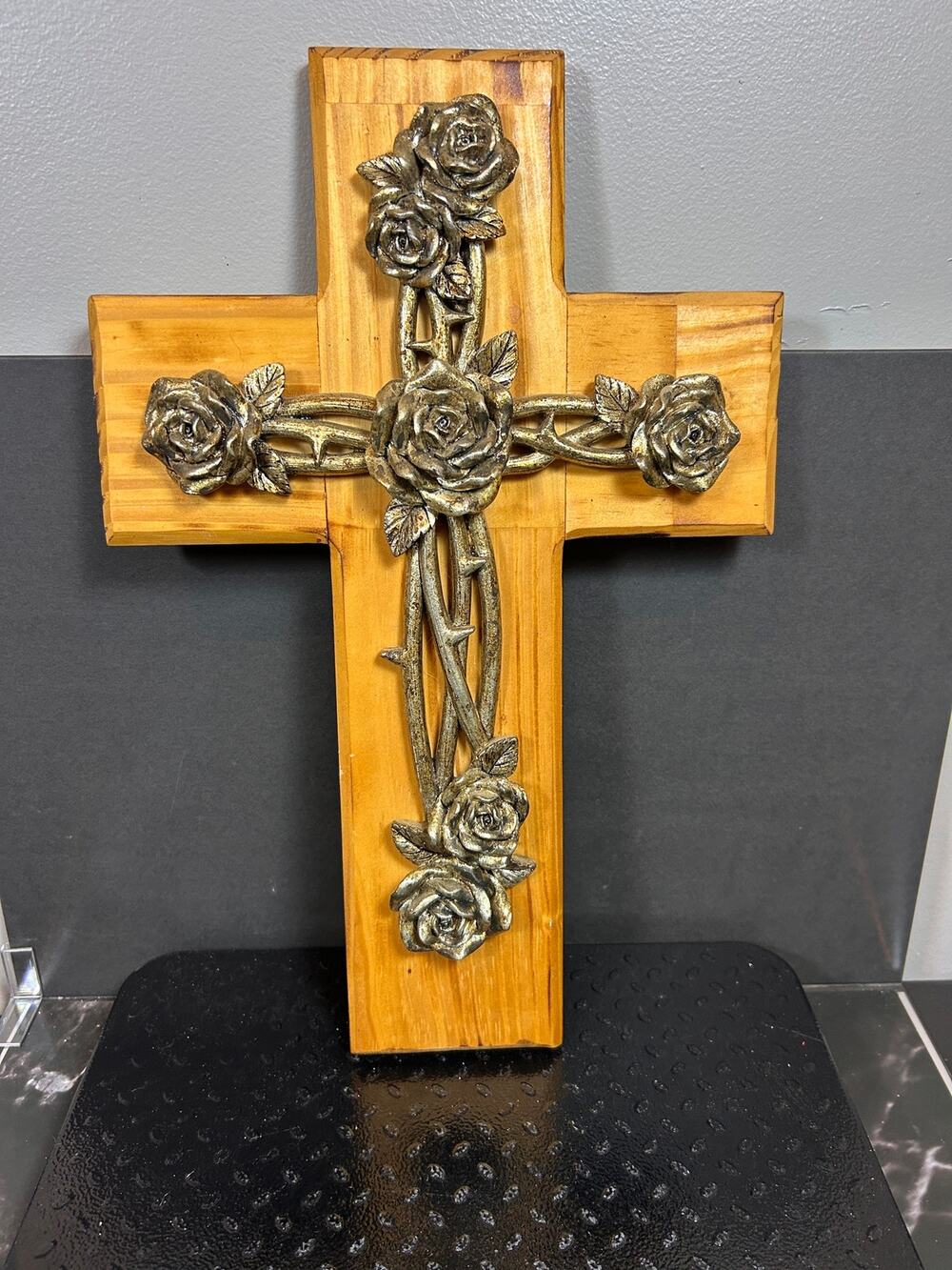 12-inch wall cross with a pine wood base and rose and thorn decoration
